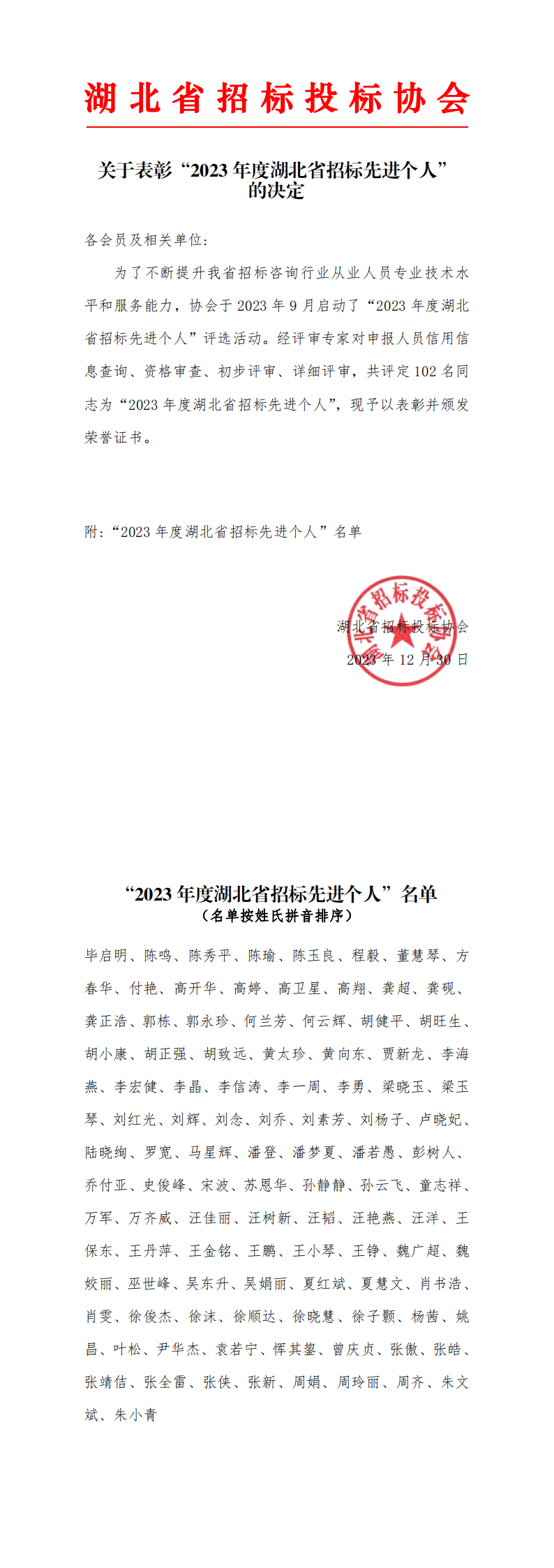 關(guān)于表彰“2023 年度湖北省招標(biāo)先進(jìn)個(gè)人”的決定